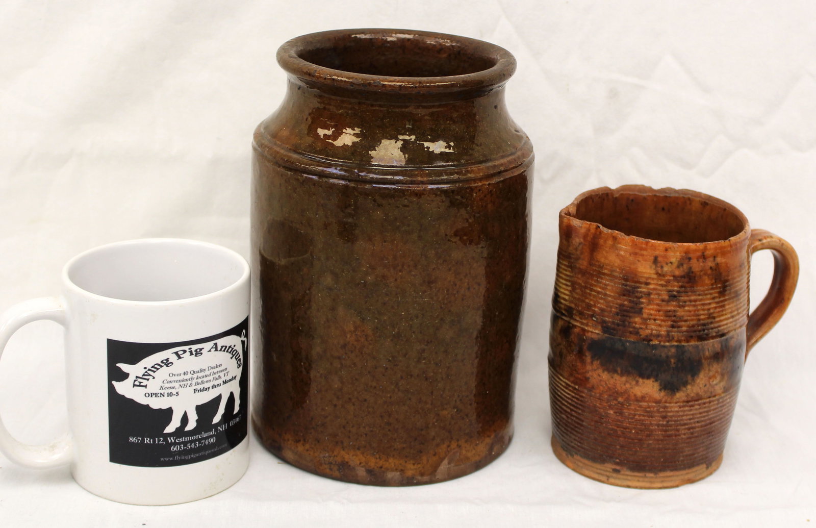 Lot of 2 antique redware items incl pitcher & a jar - 8" & 5" tall (1 of 9)