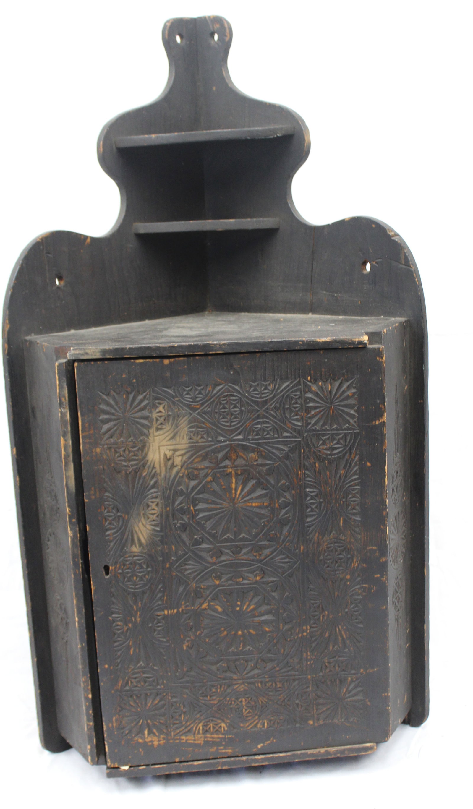 Antique carved wooden wall hanging corner shelf/cupboard in black paint - 35" tall x18 1/2" wide x (1 of 8)