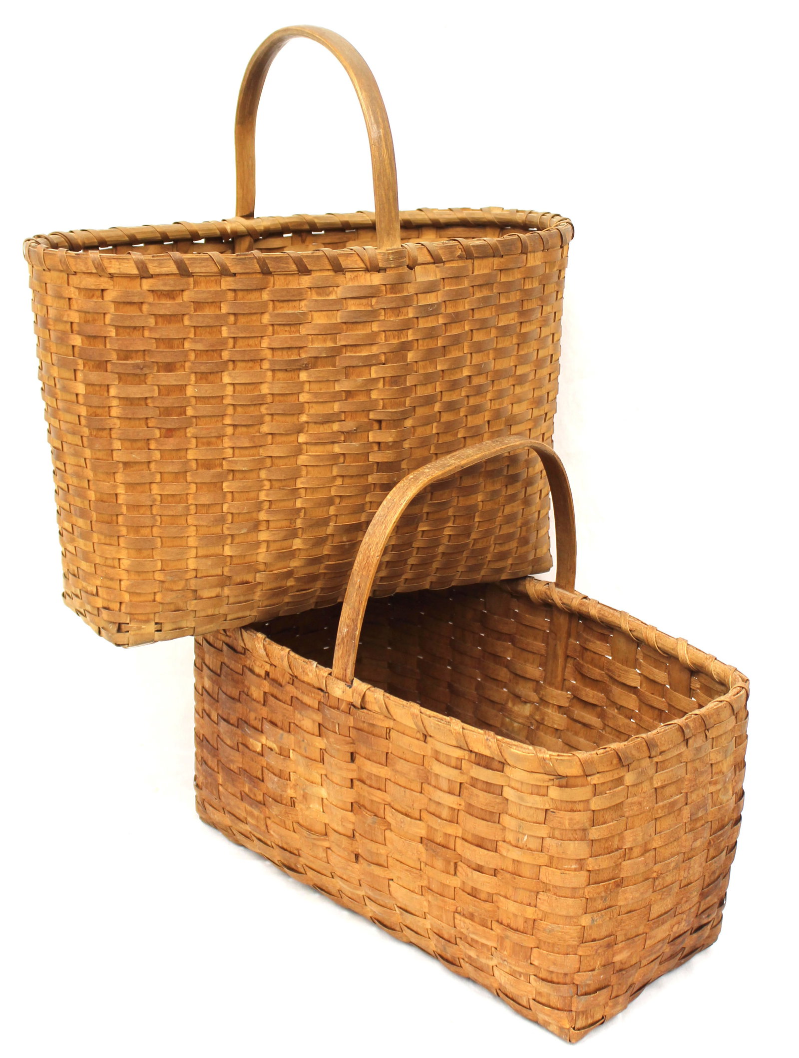 Lot of 2 antique market/gathering baskets w fixed handles - 12 1/2" tall x 14"wide x 7" deep & 16" (1 of 10)