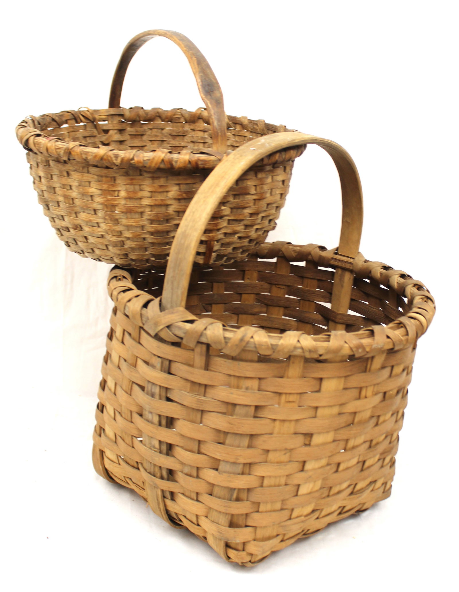 Lot of 2 fixed handled gathering baskets - 10" tall x 13" diam & 17" tall x 15" diam (1 of 4)