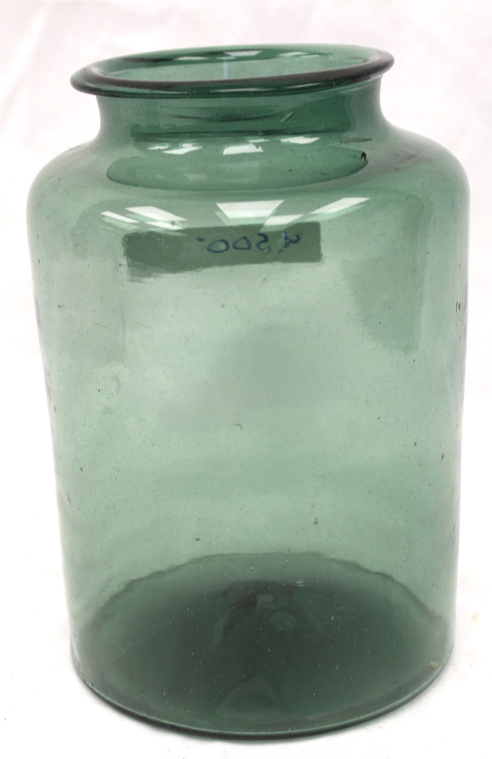 Large early green/aqua glass jar - 9 1/4" x 4 1/2" diam (1 of 5)