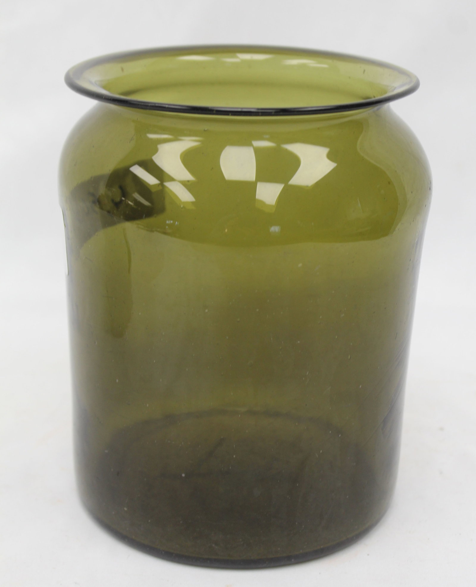 Large early green glass jar - 6 1/2" tall x 5 1/2" diam (1 of 5)