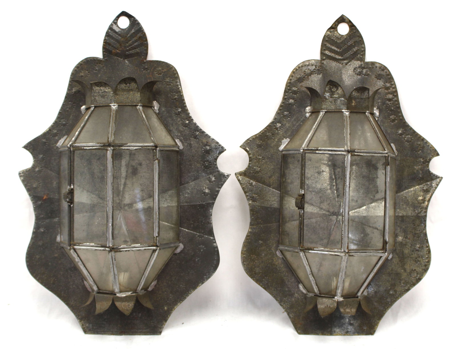 Pair of antique tin & glass wall candle sconces - 16" tall x 9" wide (1 of 9)