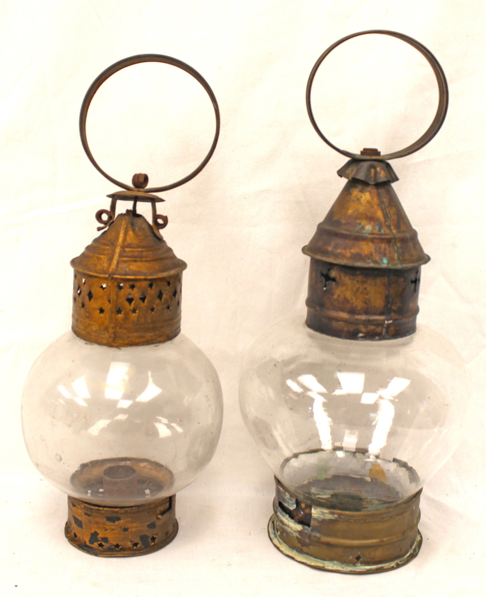 Lot of 2 antique glass & tin onion lanterns - 13" & 14" tall (1 of 6)