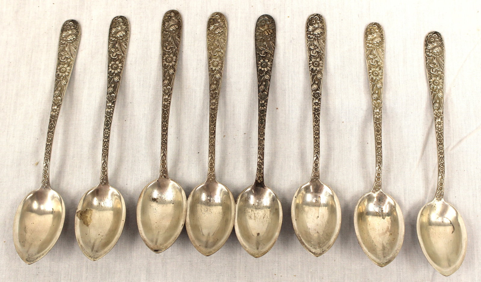Set of 8 S. Kirk & Sons "Repousse" pattern sterling silver dessert spoons (1 of 5)