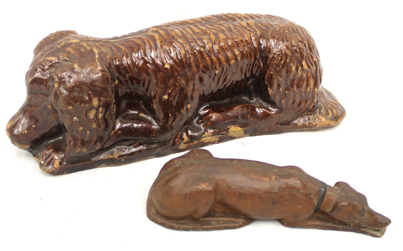 Lot of 2 antique earthenware reclining dogs - 6 1/2" & 10 1/4" long (1 of 7)