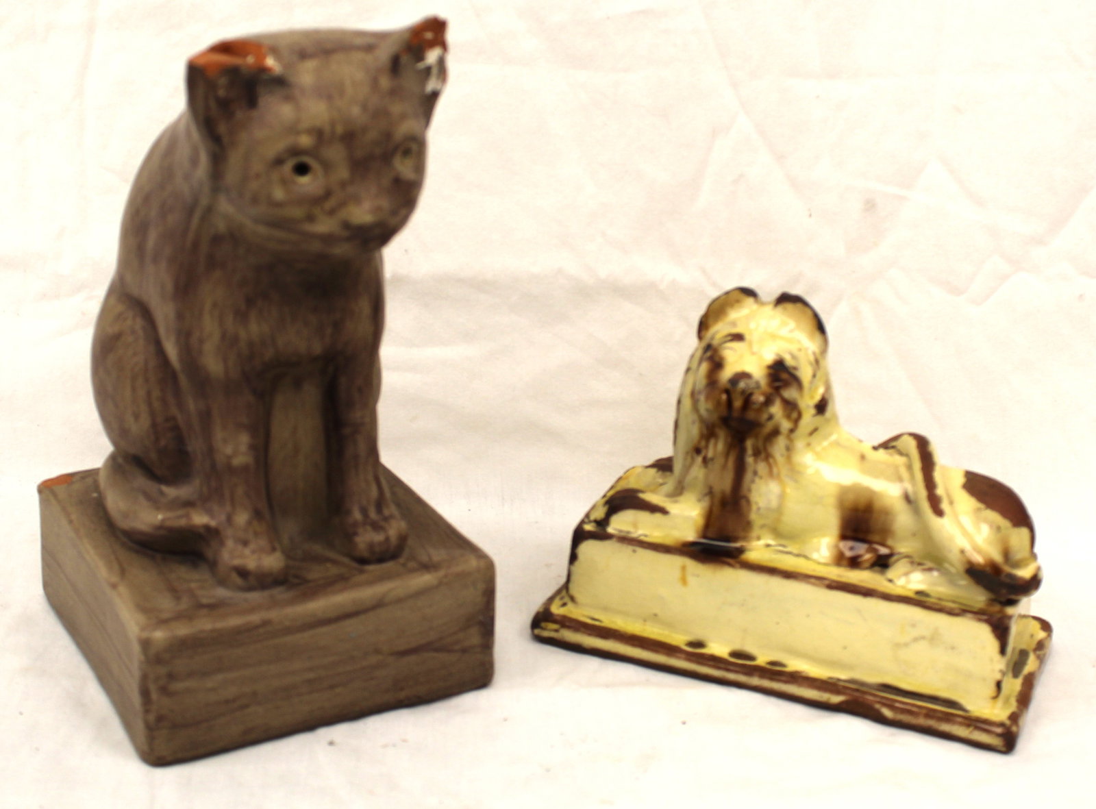 Lot of 2 antique redware animals - cat & lion - 10" tall cat & 6"x7 1/2" lion (1 of 8)