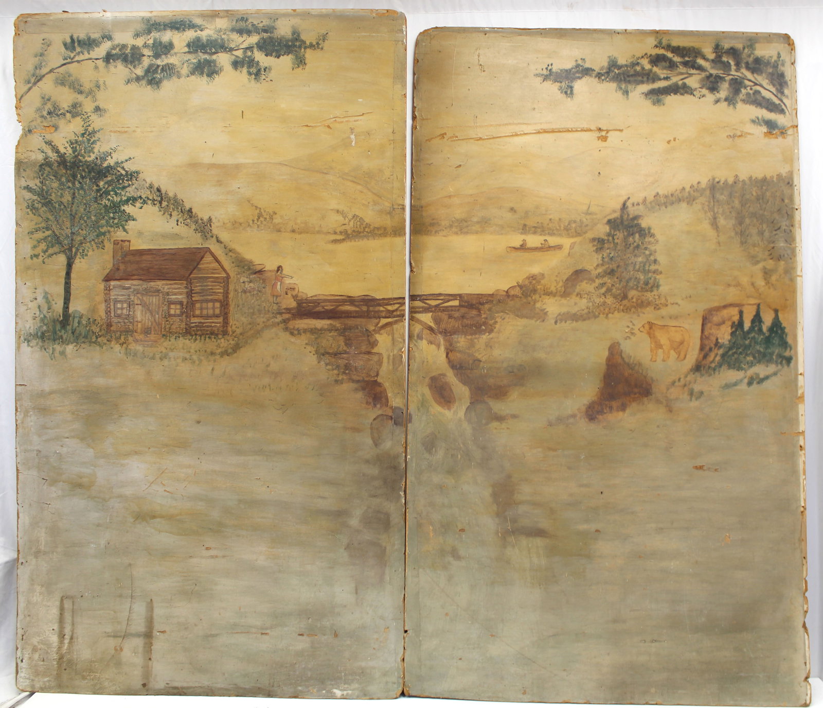 Lot of 2 antique painted wall murals with wallpaper backing depicting a lake scene with bridge,: Lot of 2 antique painted wall murals with wallpaper backing depicting a lake scene with bridge, waterfall, house, bear, figures on land and in a canoe with mountains in the background - each panel is 