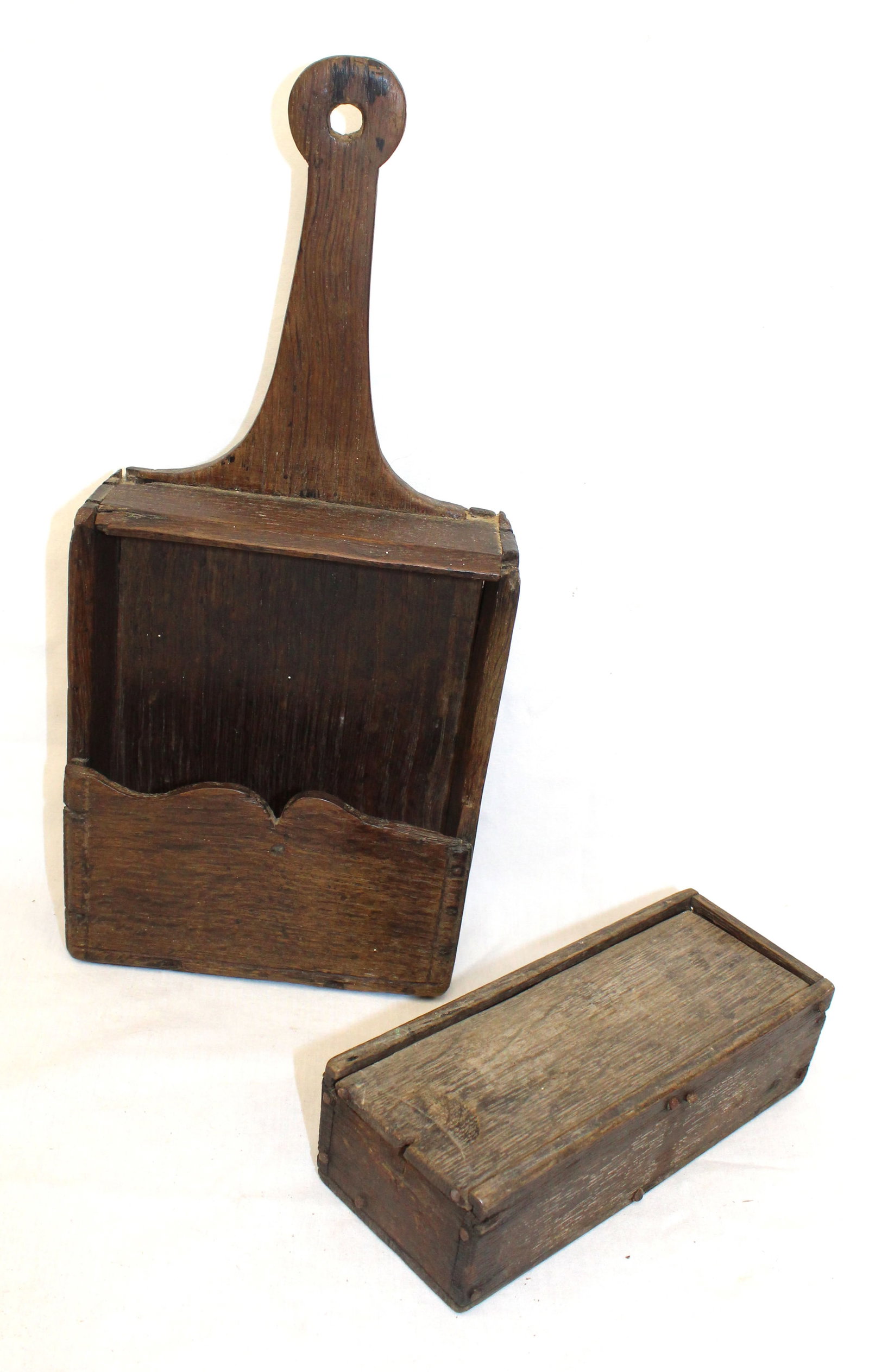 Lot of 2 antique wooden boxes incl a lollipop handled church offering box & a slide top box - 13 (1 of 8)