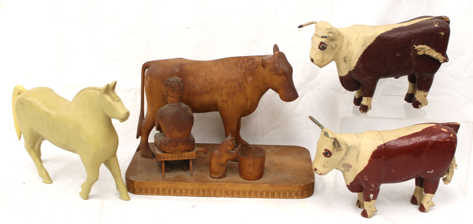 Lot of carved wooden & painted farm animals incl horse, pr of oxen & a farmer milking a cow - 7" (1 of 10)