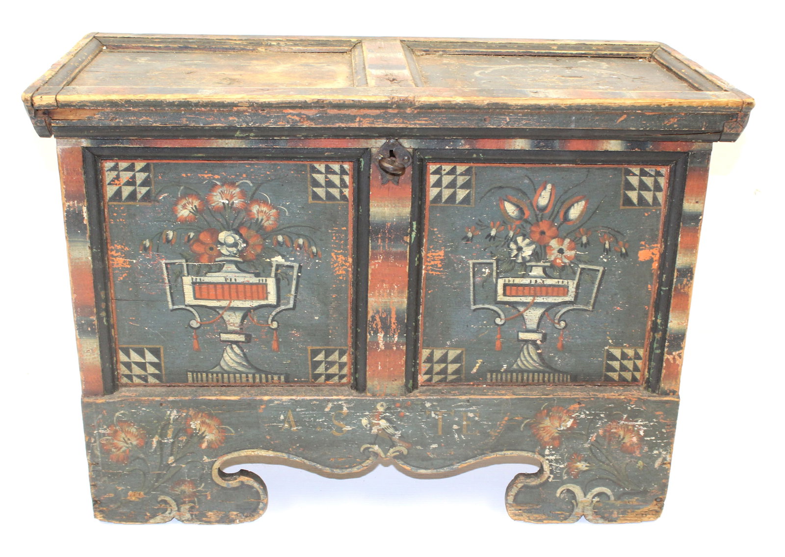 Antique Scandinavian or Dutch diminutive wooden painted dowry chest - 20" tall x 28 1/2" wide x 13 (1 of 13)