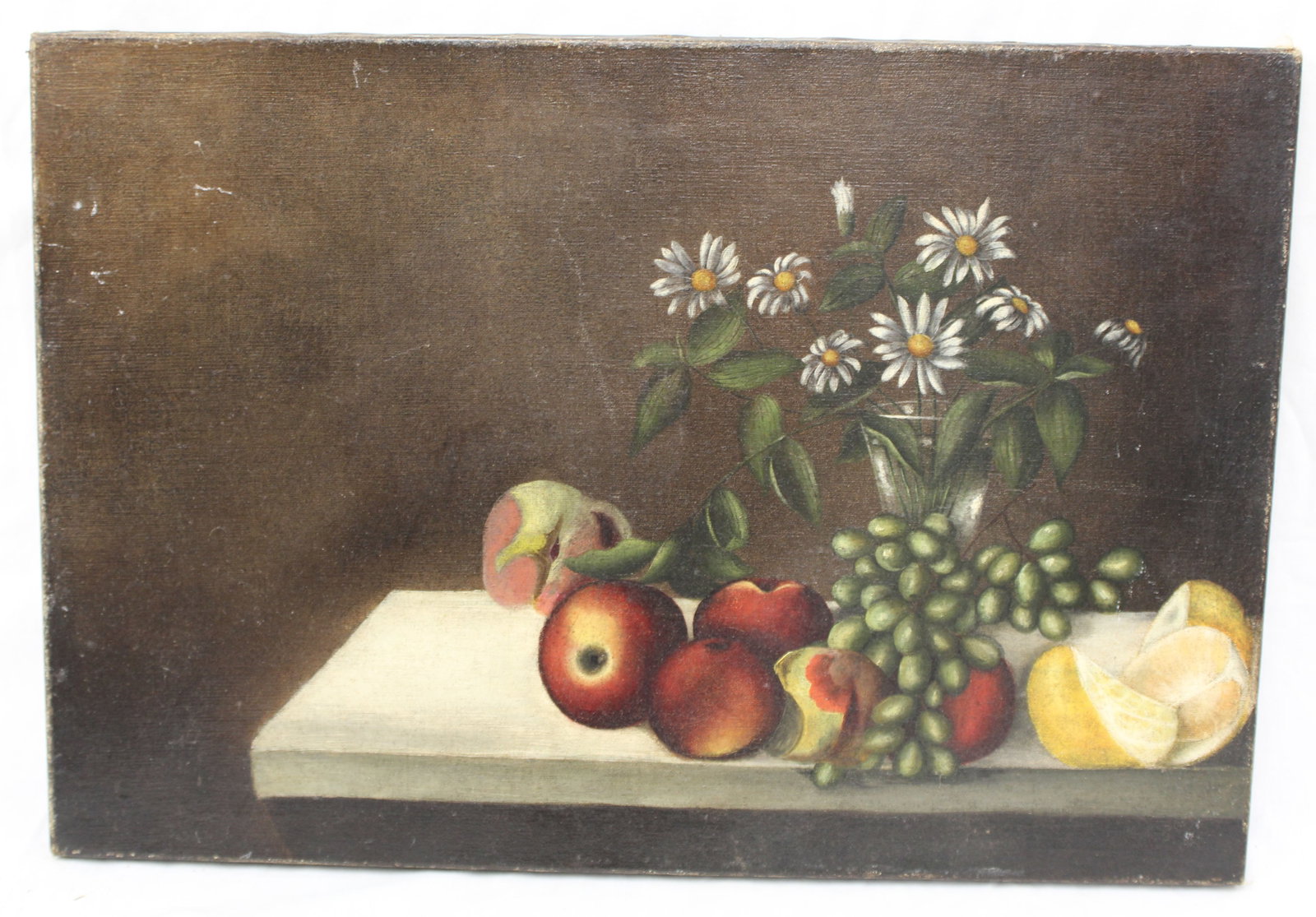 Vintage o/c still life of apples, oranges, grapes & daisies - unframed 15"x22" (1 of 6)