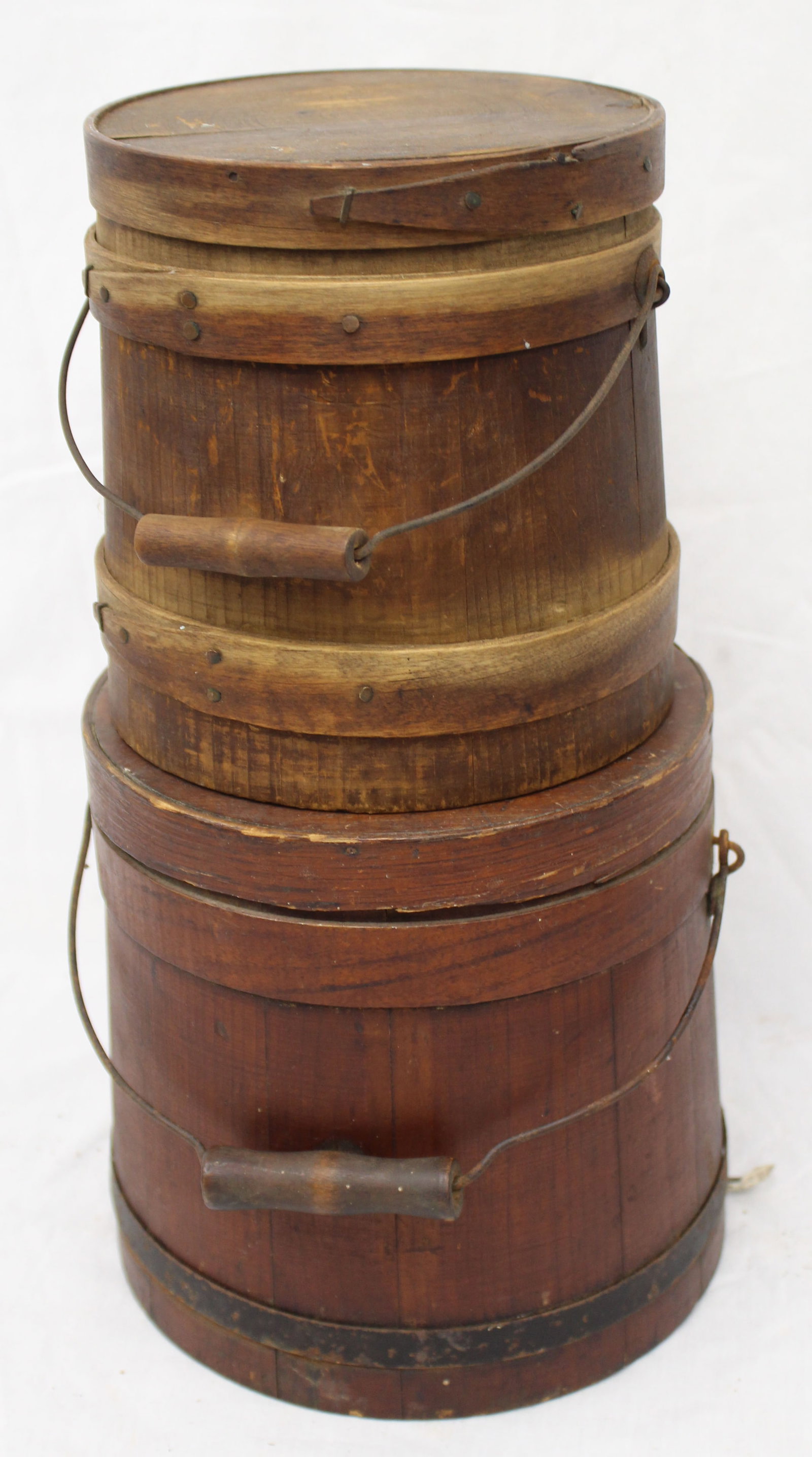 Lot of 2 antique firkins w bail handles - 1 w iron banding - 7" tall x 6 1/2" diam & 8" tall x 7 (1 of 4)