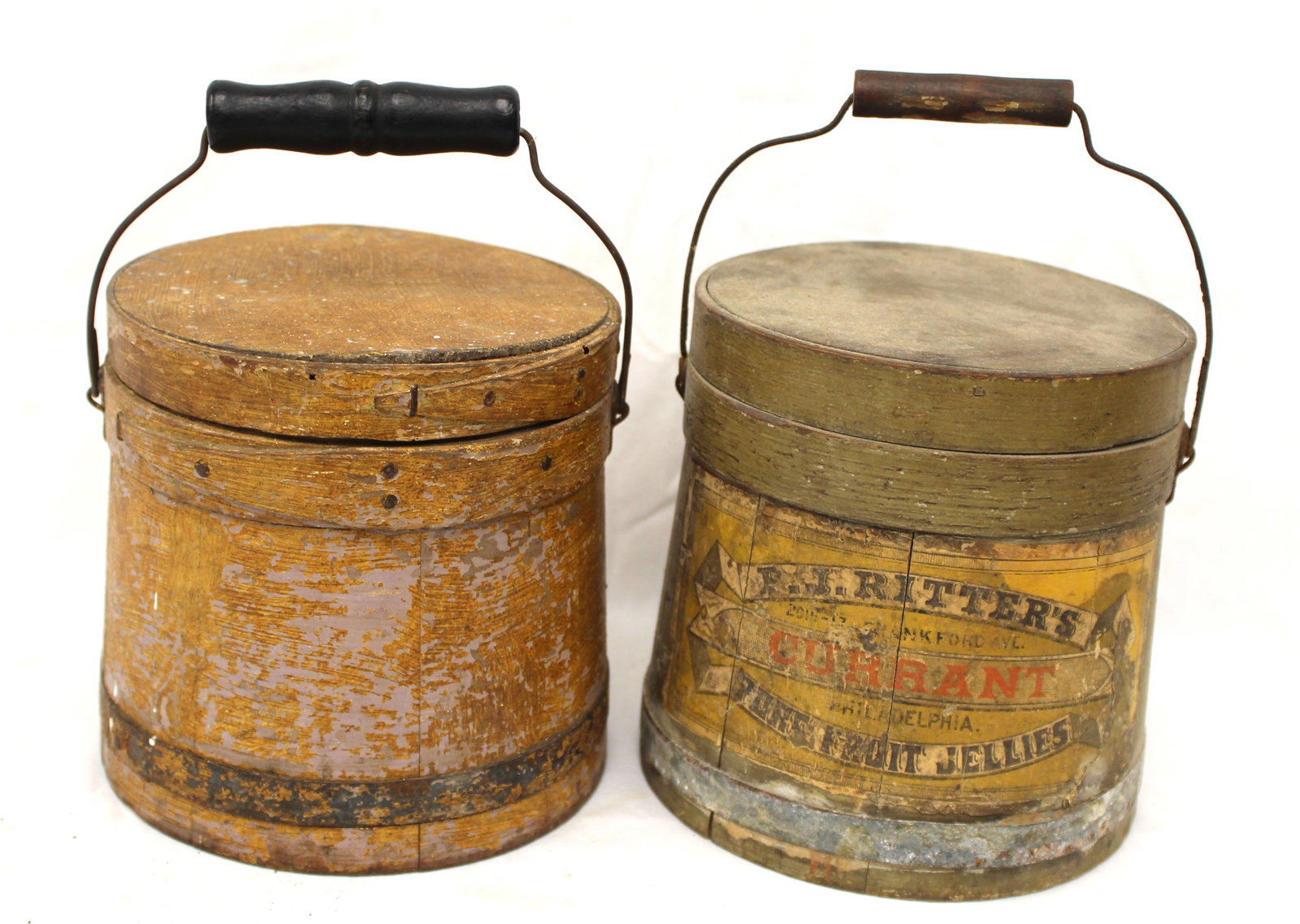 Lot of 2 antique firkins w bail handles in mustard over mulberry & green paint - 1 w old label - 6 (1 of 9)
