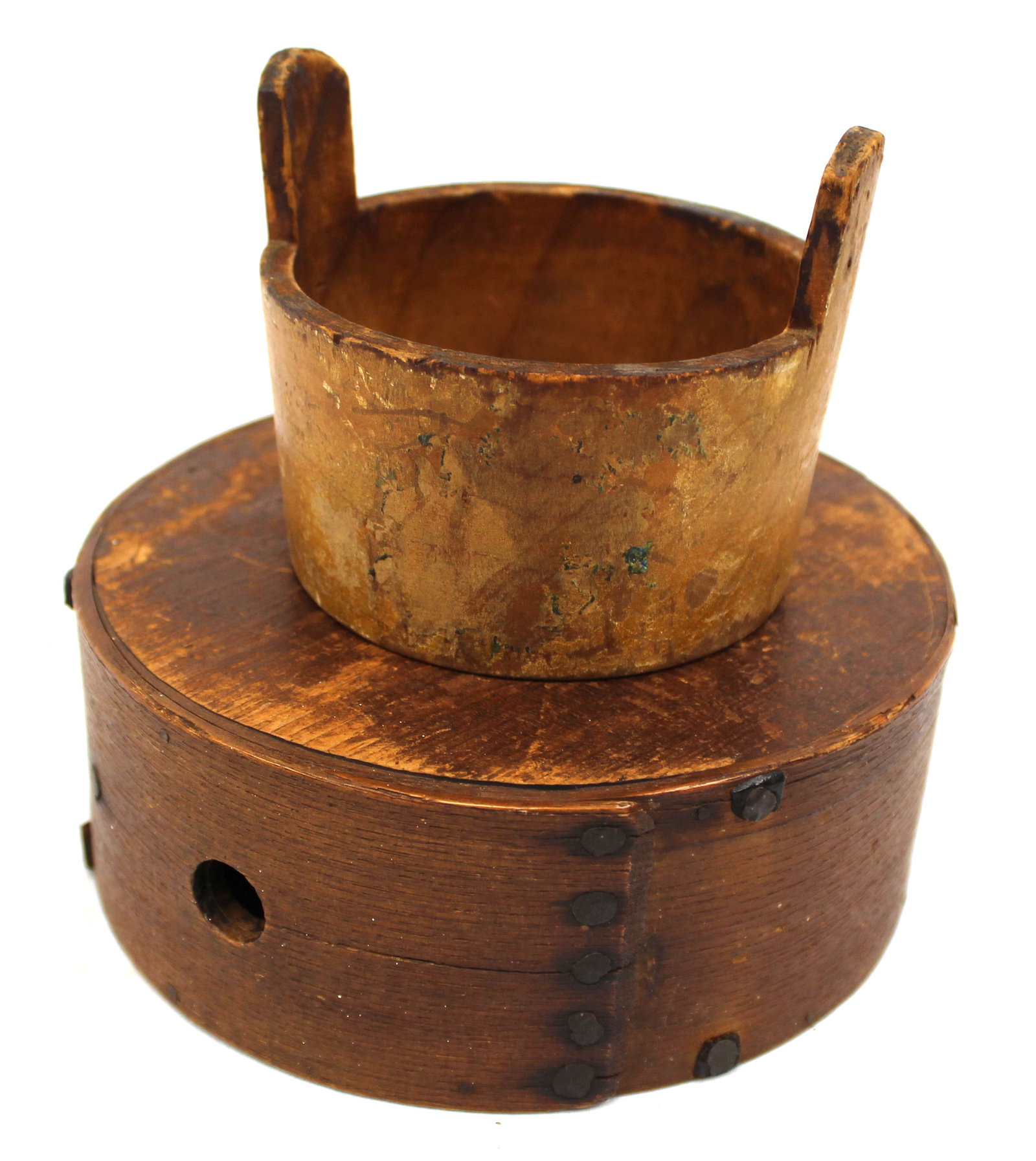 Lot of 2 antique treen items incl a canteen and small salt bucket - 2 3/4"x6 3/4" diam & 3 1/2" x 4 (1 of 8)