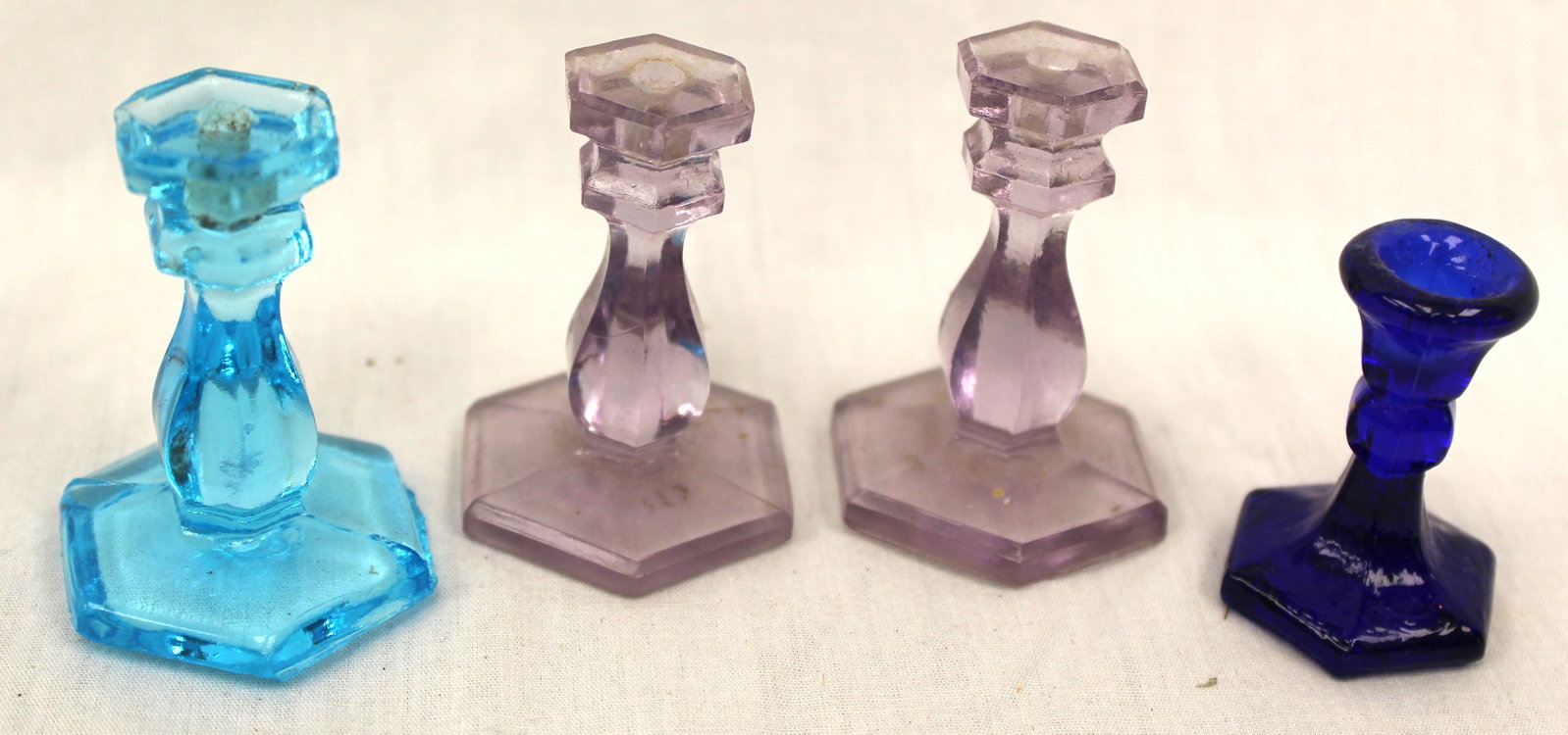 Lot of 4 early Sandwich Glass "Toys: - candlesticks in aqua, cobalt & lilac - approx 1 1/2"-2" tall (1 of 5)