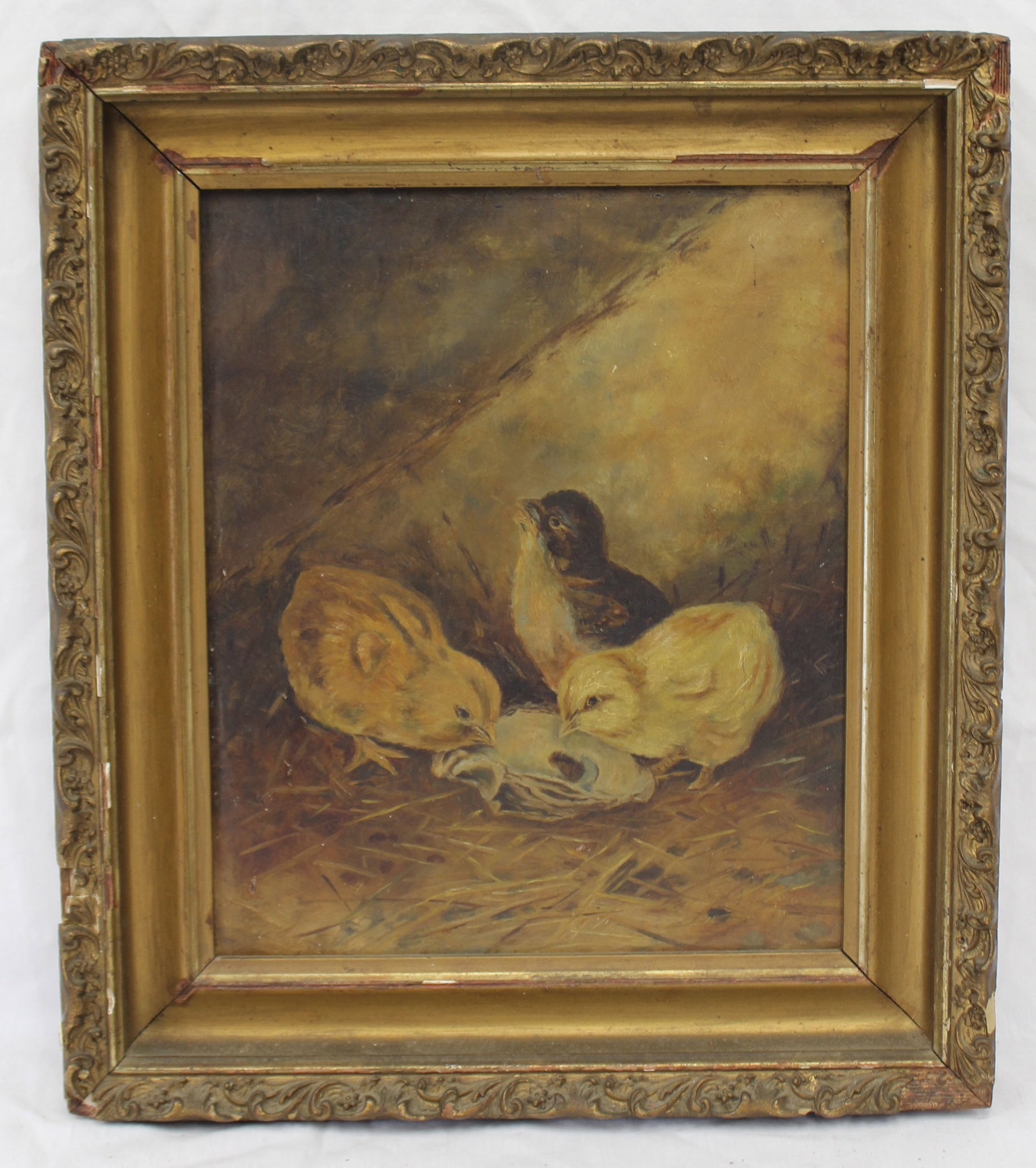 Antique o/bd of baby chicks eating an oyster in straw - overall framed size 15 3/4" x 13 3/4" (1 of 7)