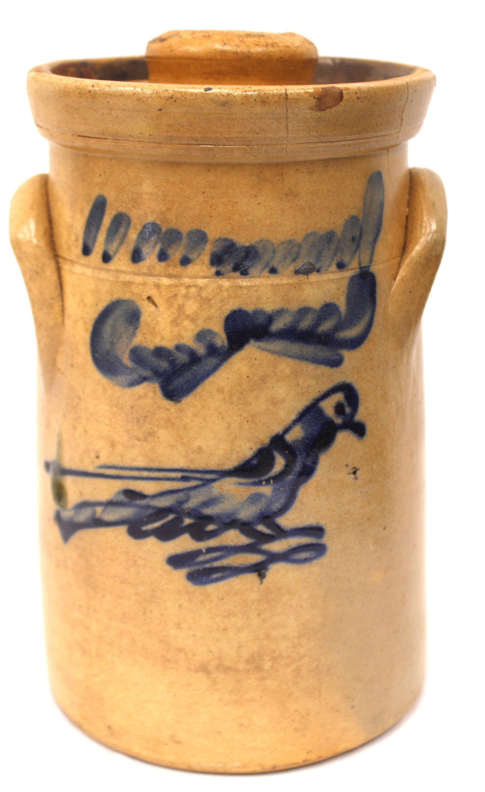 Antique stoneware table top butter churn w cobalt bird decoration - 10 1/2" tall (1 of 11)