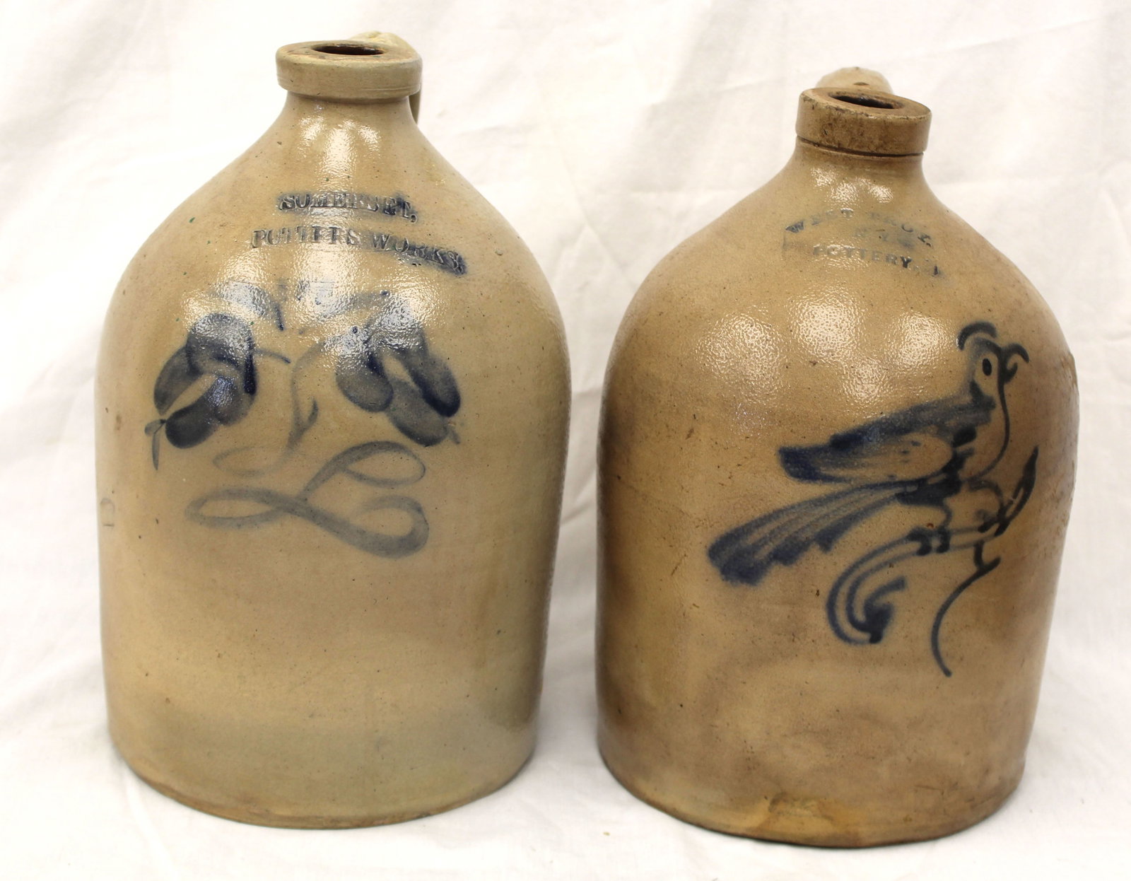 Lot of 2 antique stoneware cobalt dec jugs - Somerset Pottery w bird dec & West Troy, NY w floral (1 of 11)