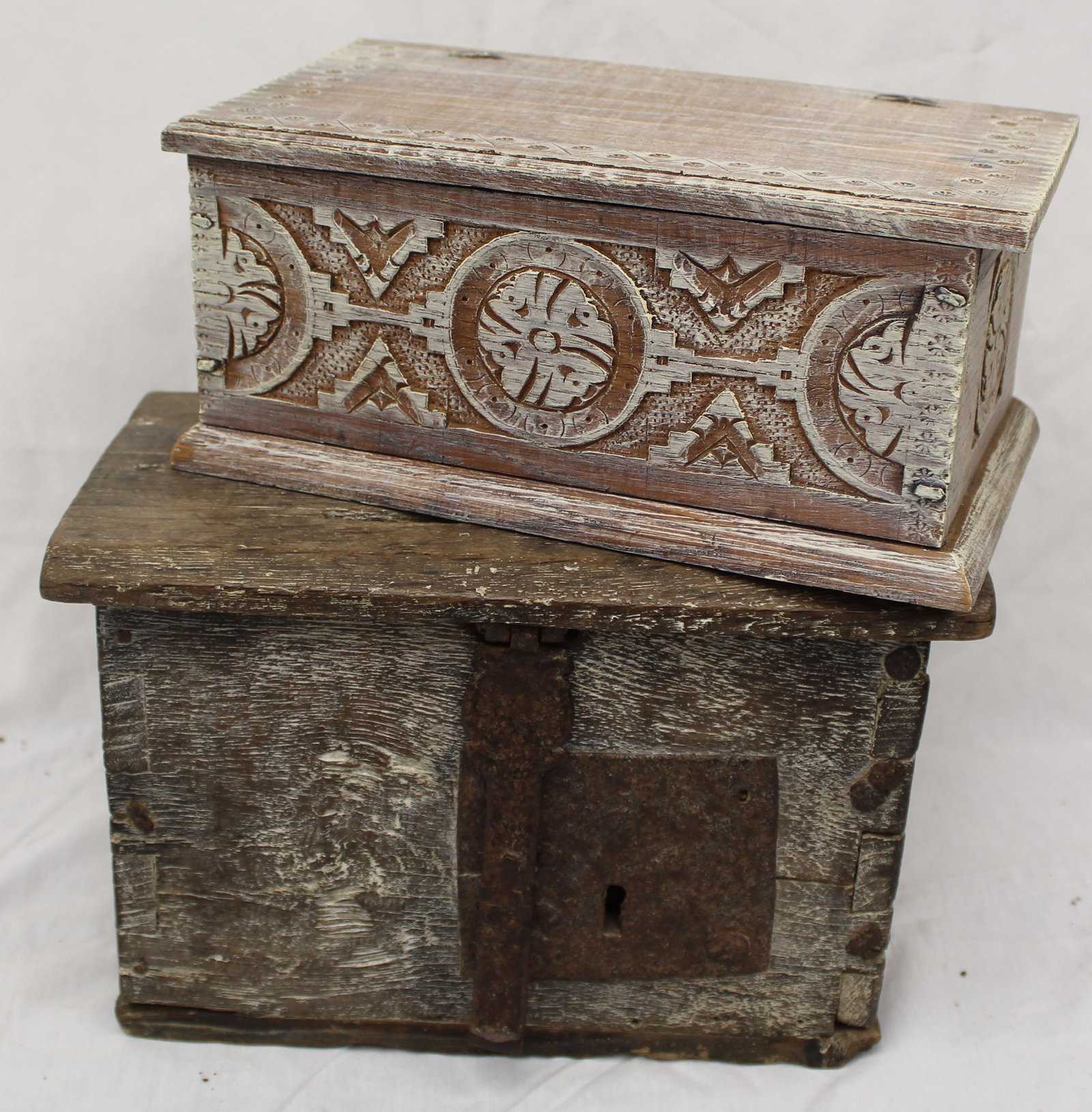 Lot of 2 antique valuables/storage boxes - 1 w carved & painted decoration 4 3/4" tall x 10 1/2"x6" (1 of 7)
