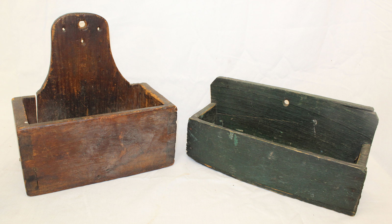 Lot of 2 antique wall boxes incl 1 in green paint - 9 1/4" tall x 9" wide x 4 3/4" deep & 5 1/4" (1 of 7)