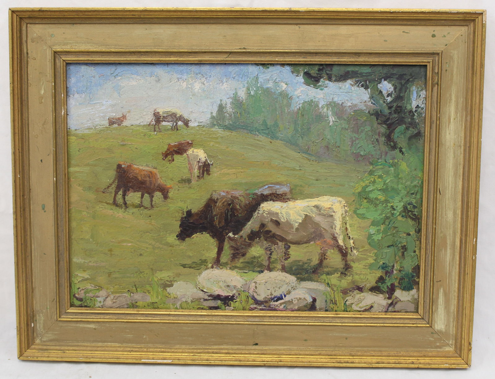Unsigned o/bd of cows grazing in a field - unframed 13"x17 1/2" (1 of 8)