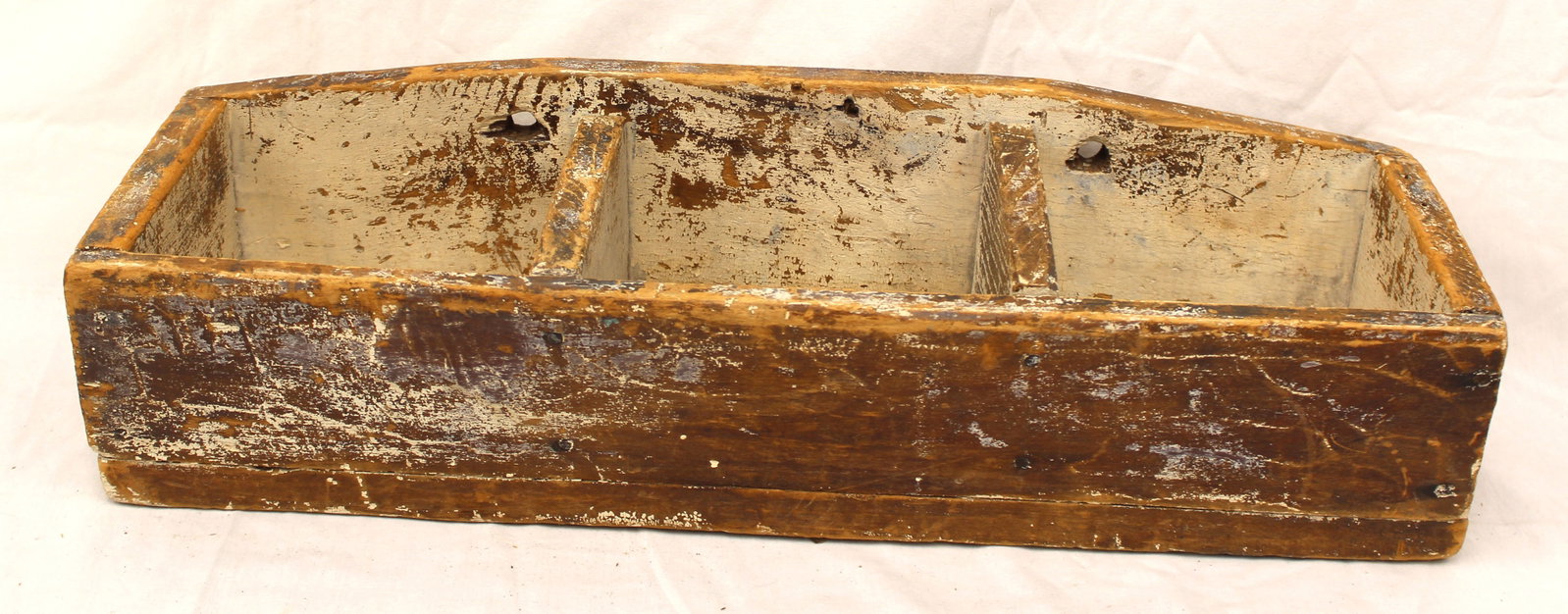Antique wall box w divided interior & traces of white paint - 7" tall x 23" wide x 7" deep (1 of 5)