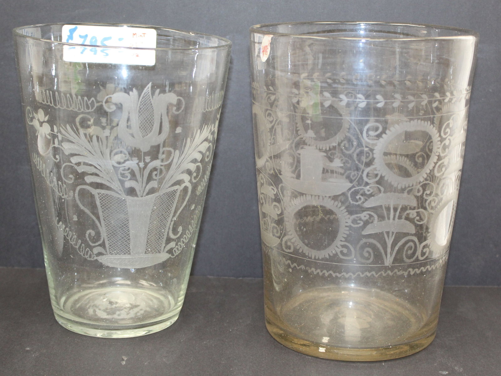 Lot of 2 early etched flip glasses - 9" tall x 6 1/2" diam & 8 1/2" tall x 6 1/2" diam: Lot of 2 early etched flip glasses - 9" tall x 6 1/2" diam & 8 1/2" tall x 6 1/2" diam