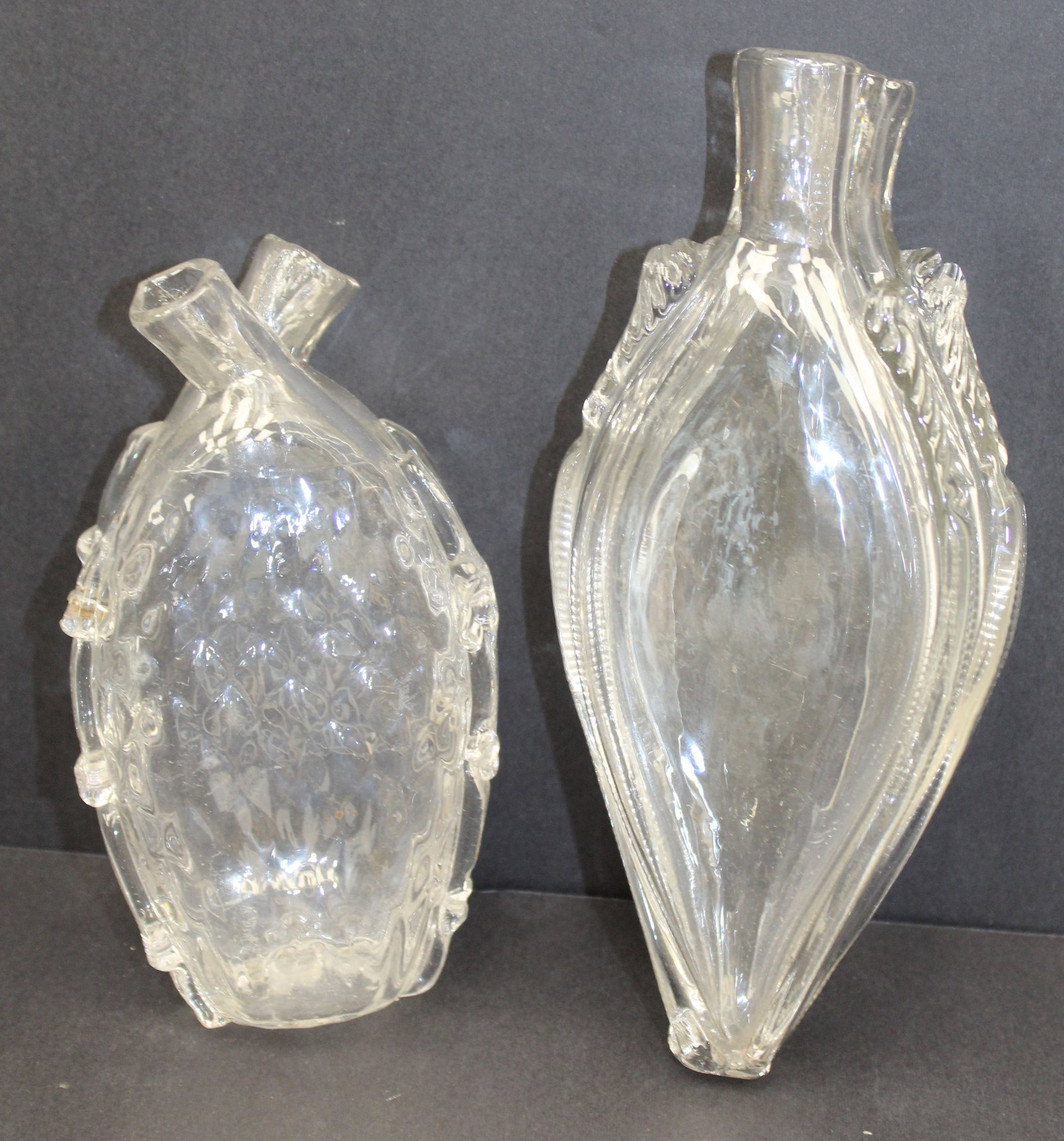 Lot of 2 early clear glass double flask bottles - 7 1/2" & 8 1/2" tall: Lot of 2 early clear glass double flask bottles - 7 1/2" & 8 1/2" tall