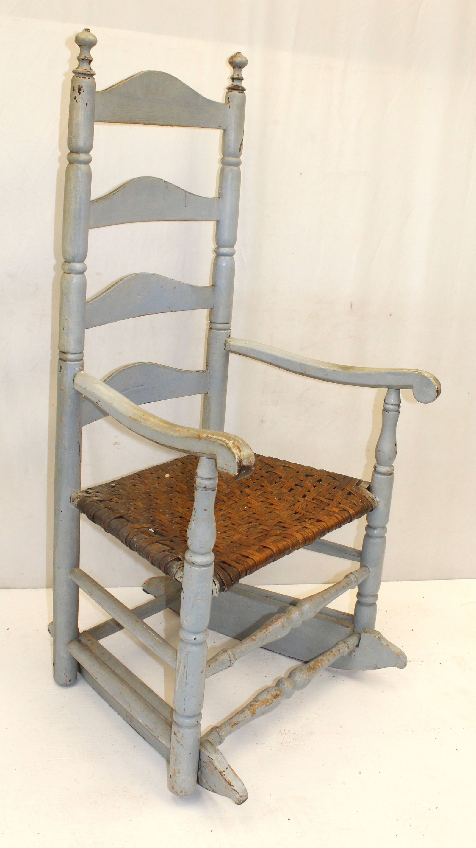 Antique ladderback armchair rocker w splint seat in gray paint - 46" tall x 22" wide x 24" deep w (1 of 6)