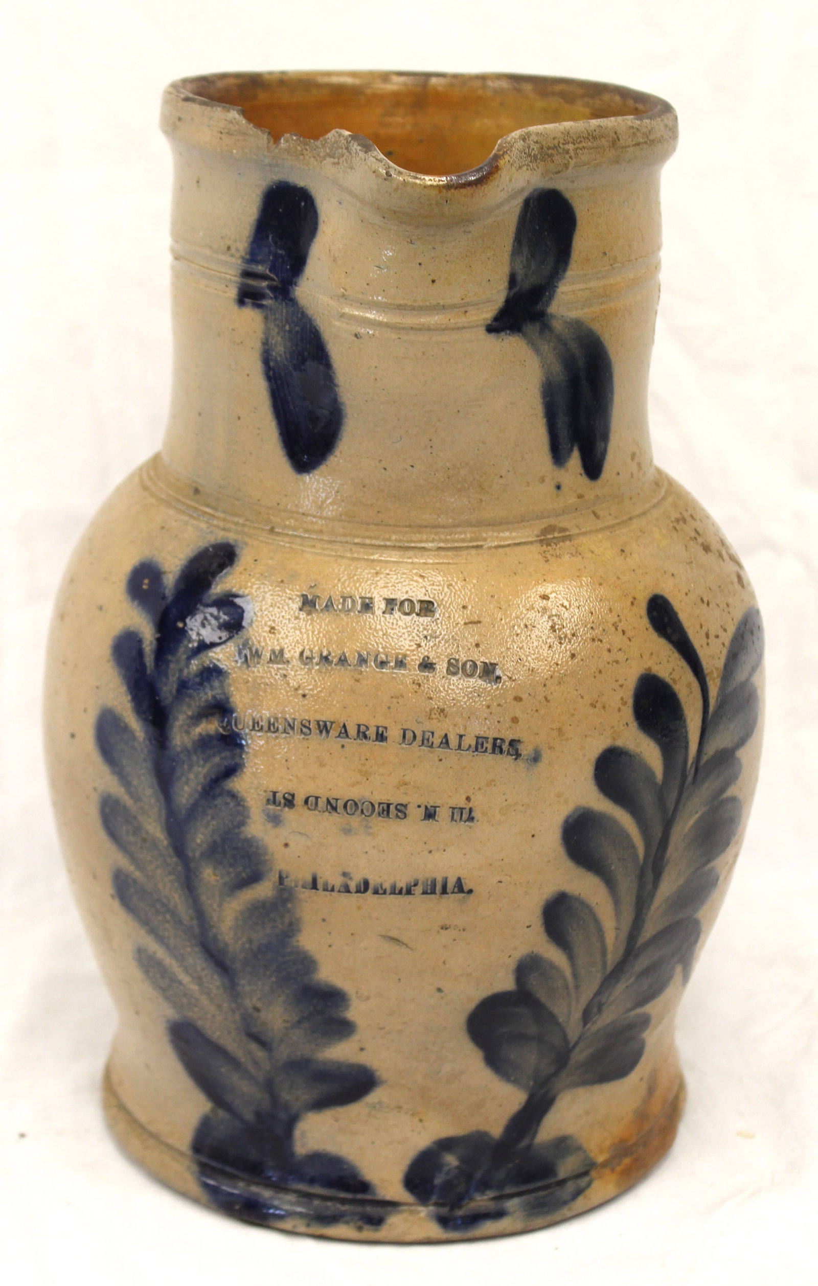 Antique cobalt dec stoneware pitcher "Made for Wm. Grange & Son Queensware Dealers? Philadelphia" - (1 of 10)