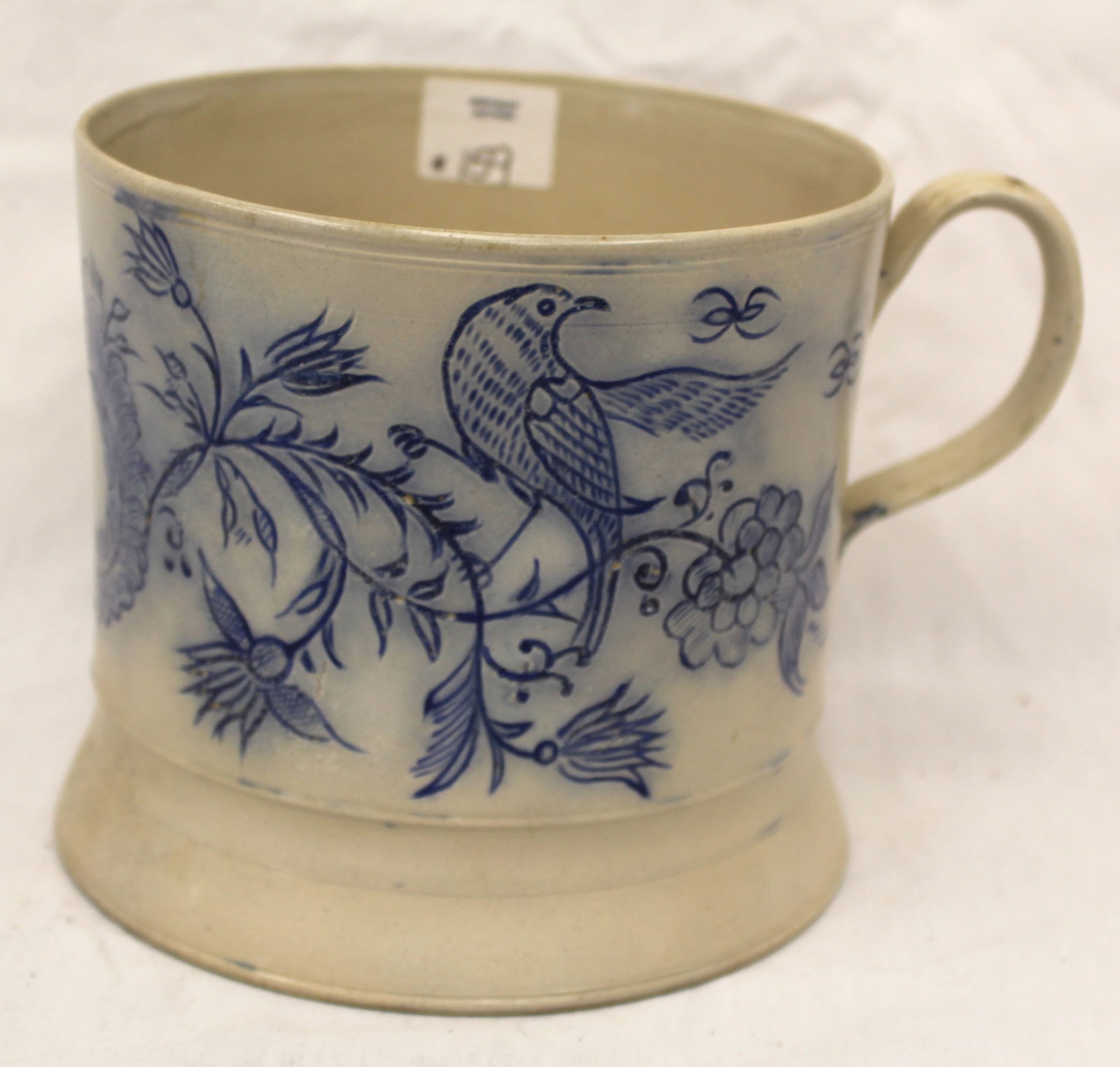 Antique stoneware cobalt bird & floral dec 1L mug - 5" tall x 5 1/4" diam (1 of 7)