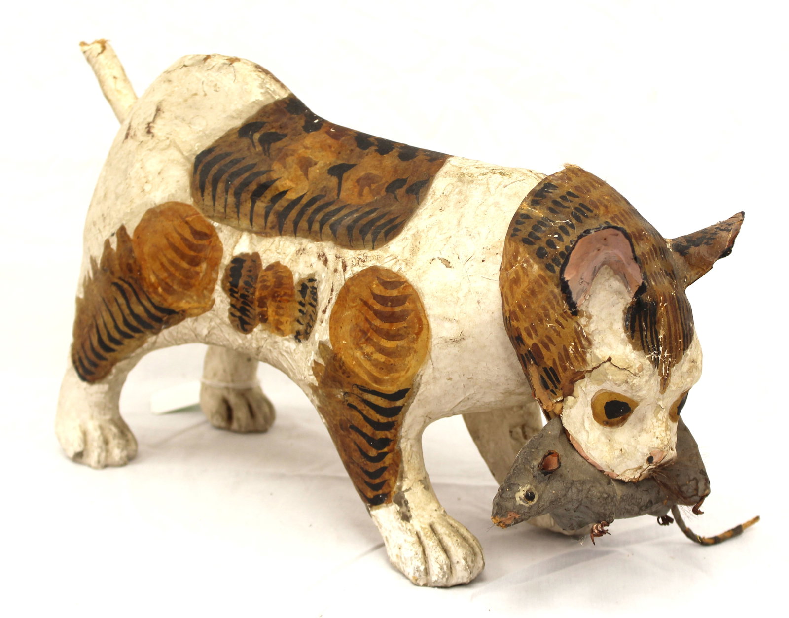 Folk Art papier mache very realistic bobble head & tail cat w a mouse in it's mouth - as found - 9": Folk Art papier mache very realistic bobble head & tail cat w a mouse in it's mouth - as found - 9" tall x 15 1/2" long