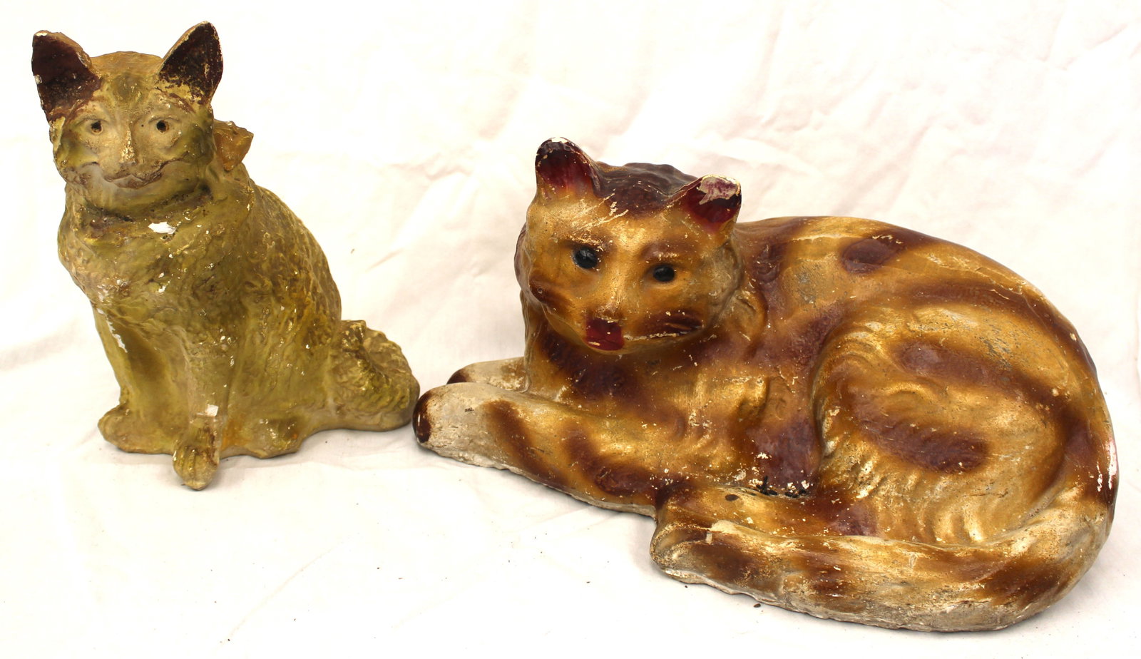 Lot of 2 antique chalkware cats - 9 1/2" tall & 8" tall x 15" long (1 of 8)