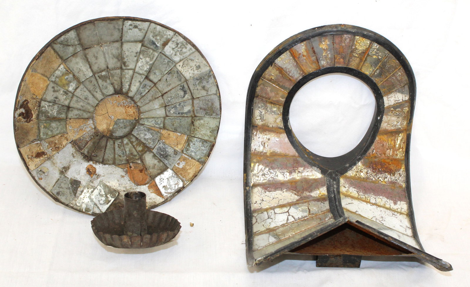Lot of antique mirrored items incl wall candle sconce & a reflector - as found - 8 1/2" tall x 9 (1 of 8)
