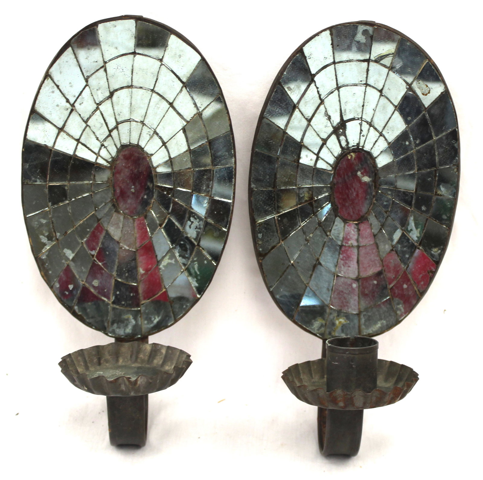 Pair of vintage oval mirrored wall candle sconces - 10" tall x 5" wide (1 of 9)