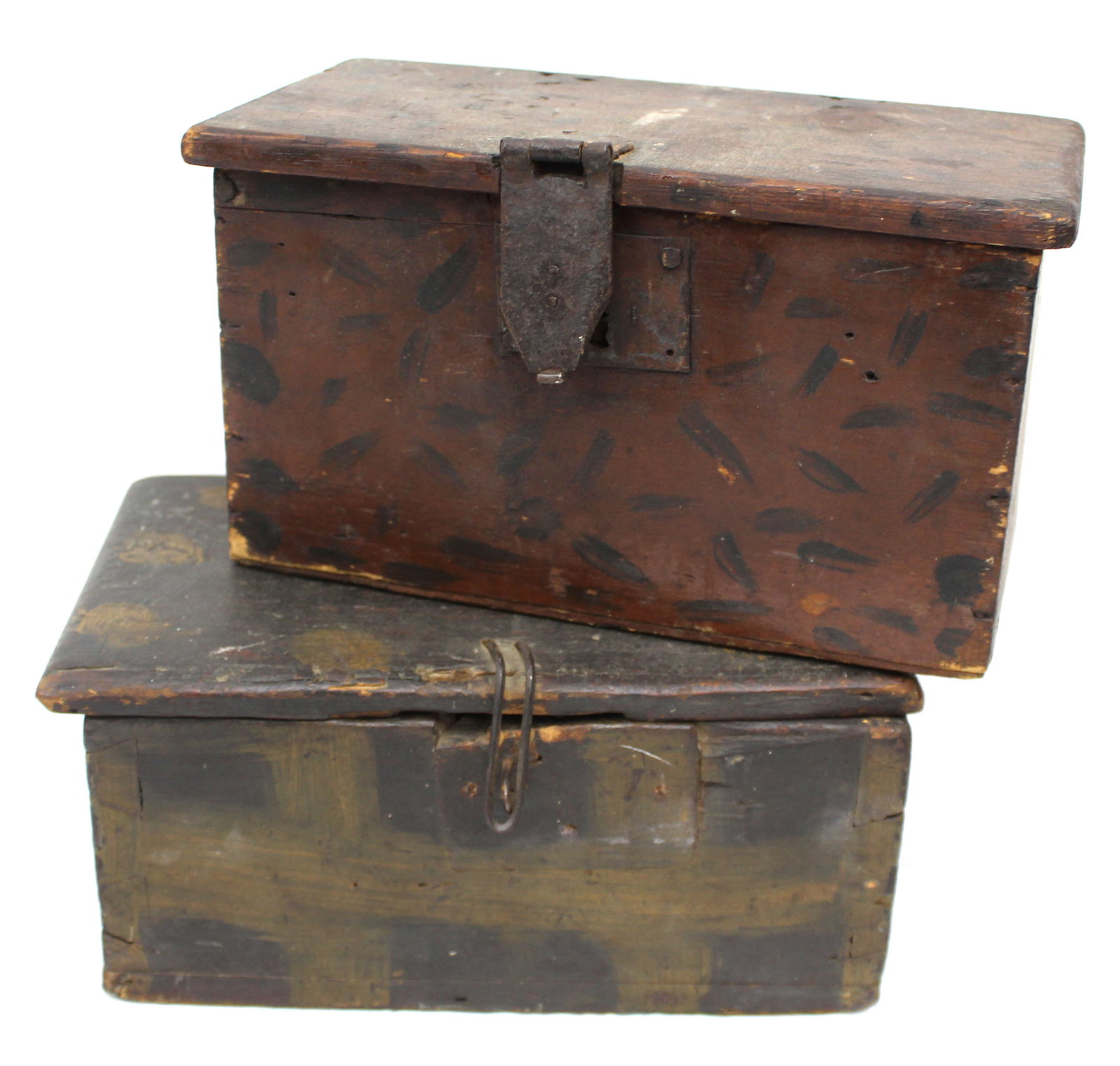 Lot of 2 paint decorated small storage boxes w leather hinges (not attached) - 5 1/4" tall x 11"x7 (1 of 9)