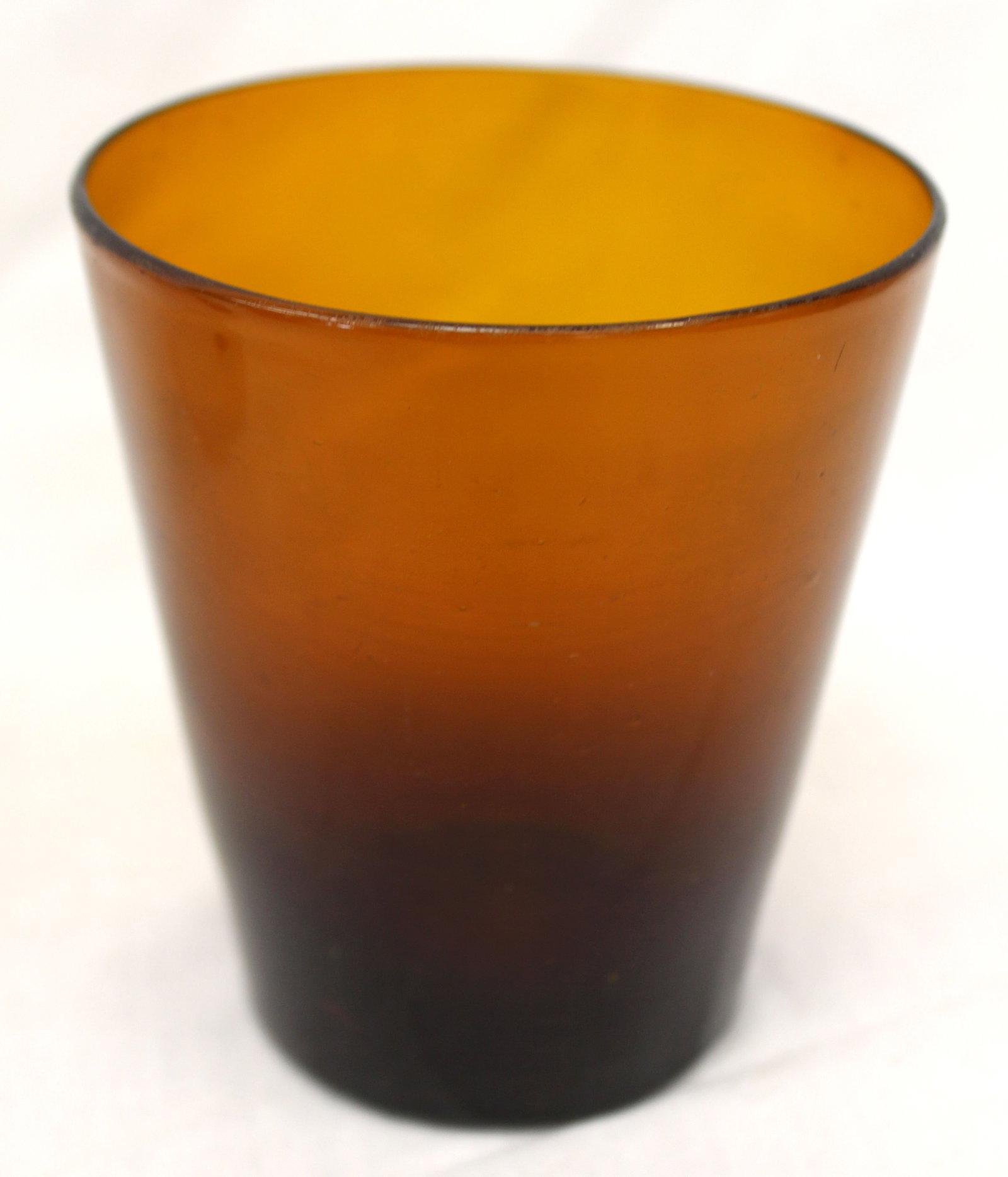 Early amber glass tumbler - 4" tall x 3 1/2" diam (1 of 5)