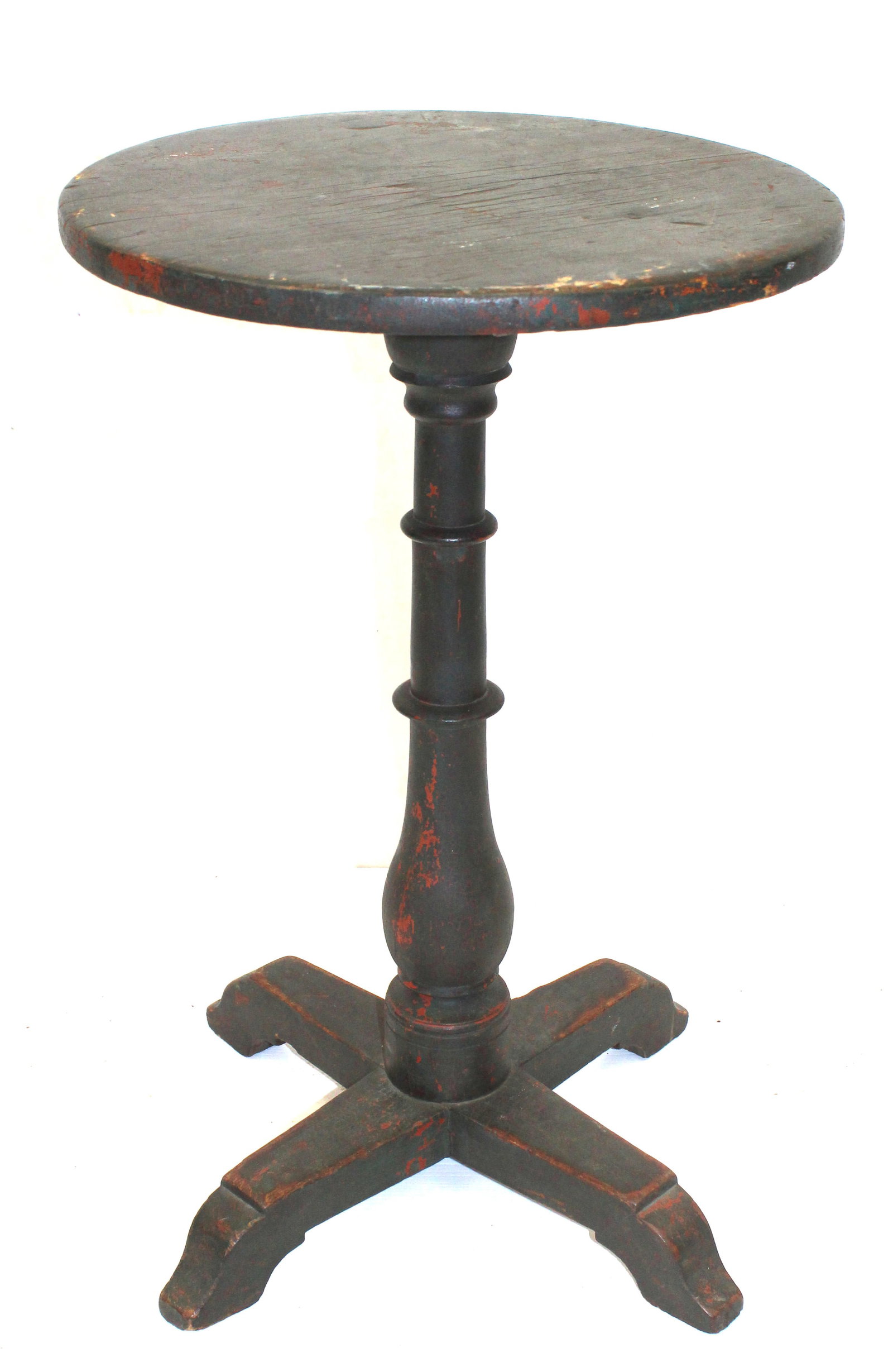 Antique round top candlestand on turned shaft & X base in green paint - 24" tall x 16" diam (1 of 6)