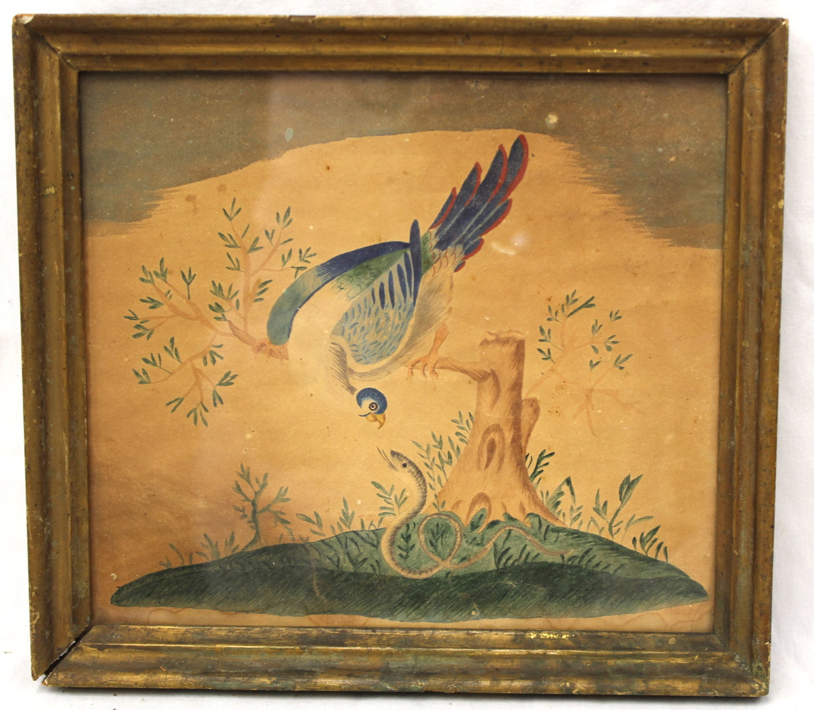 Antique w/c of a bird on branch leaning over a snake on the ground - overall framed size 8 1/2"x9: Antique w/c of a bird on branch leaning over a snake on the ground - overall framed size 8 1/2"x9 1/2"