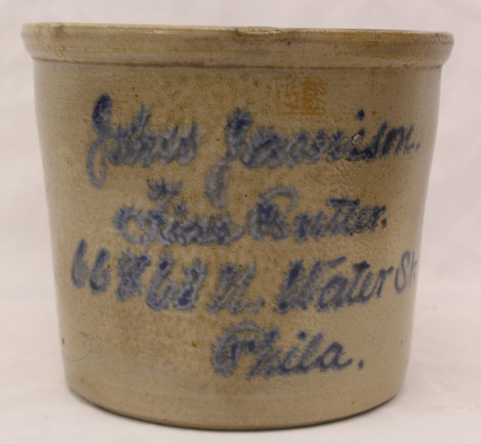 Antique Philadephia stoneware cobalt dec merchant's crock - 7" tall x 9 1/2" diam (1 of 8)