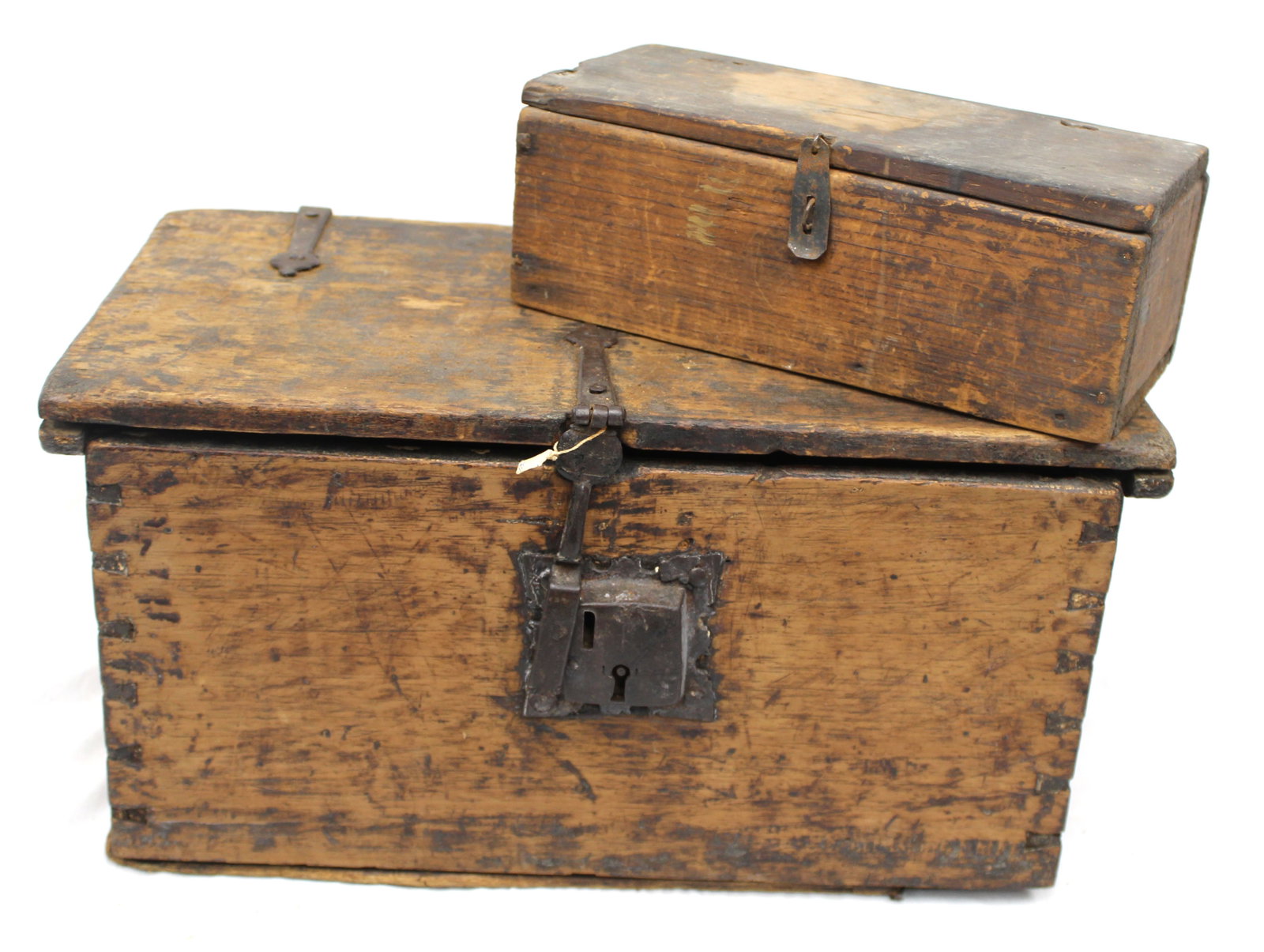Lot of 2 antique valuables boxes w strap iron hinges & large iron lock - 10" tall x 19 1/4"x11" & 4 (1 of 9)