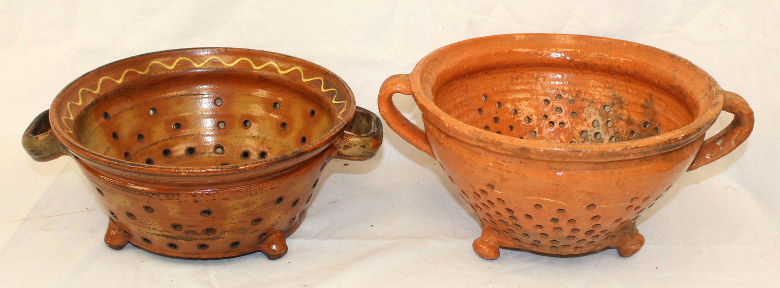 Lot of 2 antique redware colanders - 6" tall x 13" diam & 5" tall x13" wide (1 of 7)