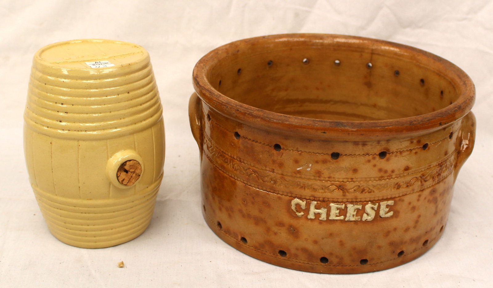 Lot of 2 antique earthenware items incl "Cheese" drain & rumlet - 5 1/2" tall x 10" diam & 6 1/2" (1 of 10)
