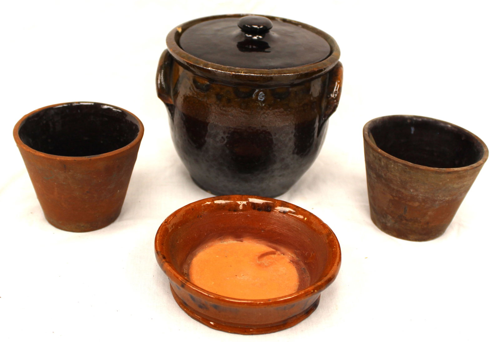 Lot of 4 small antique redware items incl covered jar, 2 small puddings/cups and a saucer - 2 3/4" - (1 of 12)
