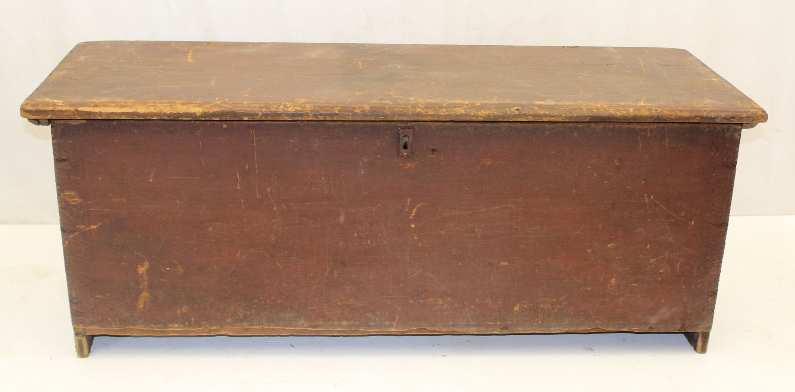 18thC blanket chest in red paint w chip carving & scratch decoration - 20" tall x 51" wide x 19" (1 of 11)