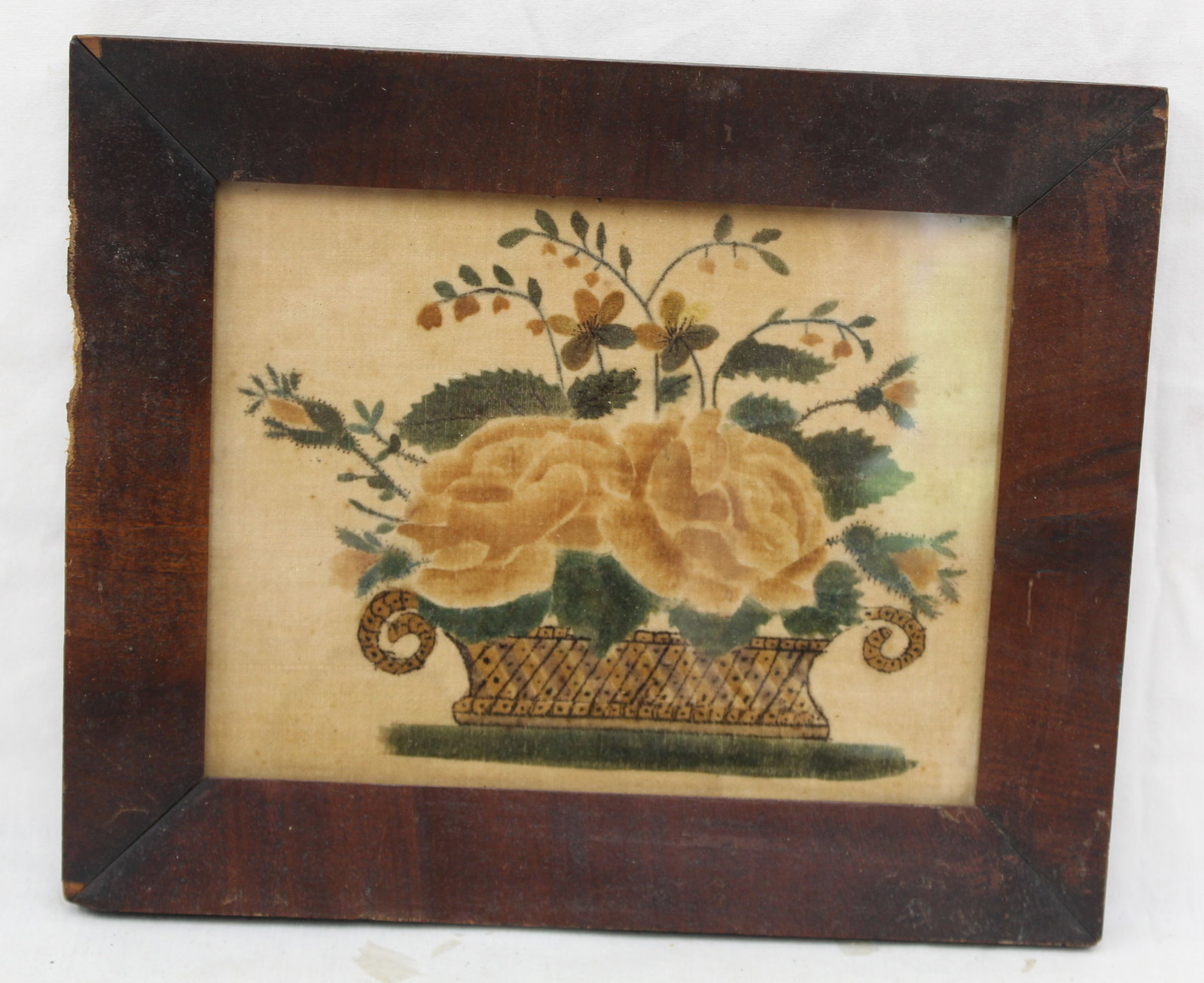 Antique theorem on velvet of a basket of flowers - overall framed size 9 1/2"x11 1/2" (1 of 3)