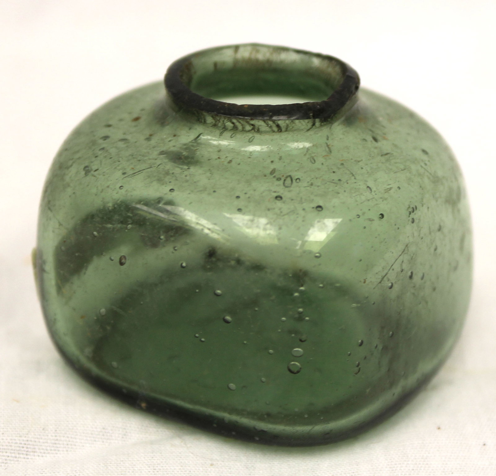 Early green glass square ink/jar - 1 1/4" tall: Early green glass square ink/jar - 1 1/4" tall