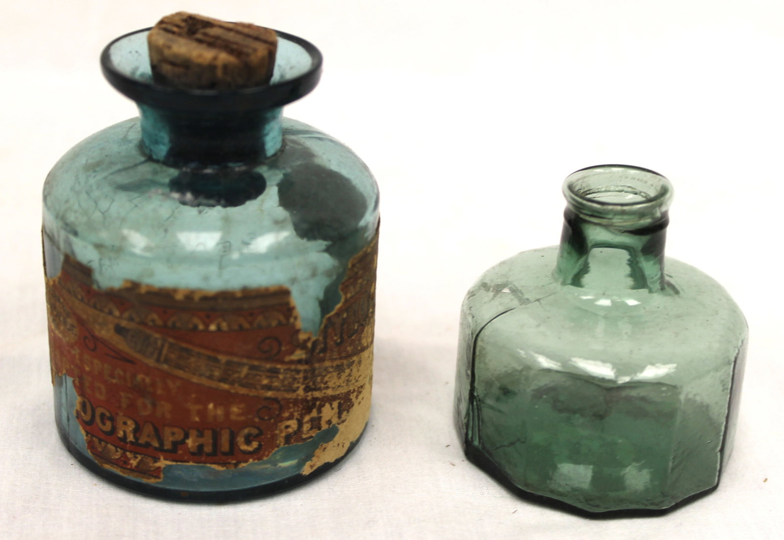 Lot of 2 early aqua glass inks - 2" & 2 3/4" tall (1 of 7)