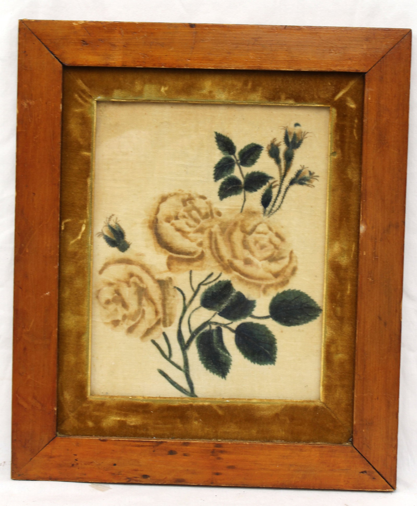 Antique theorem on velvet of a basket of flowers - overall framed size 15 1/4"x13": Antique theorem on velvet of a basket of flowers - overall framed size 15 1/4"x13"